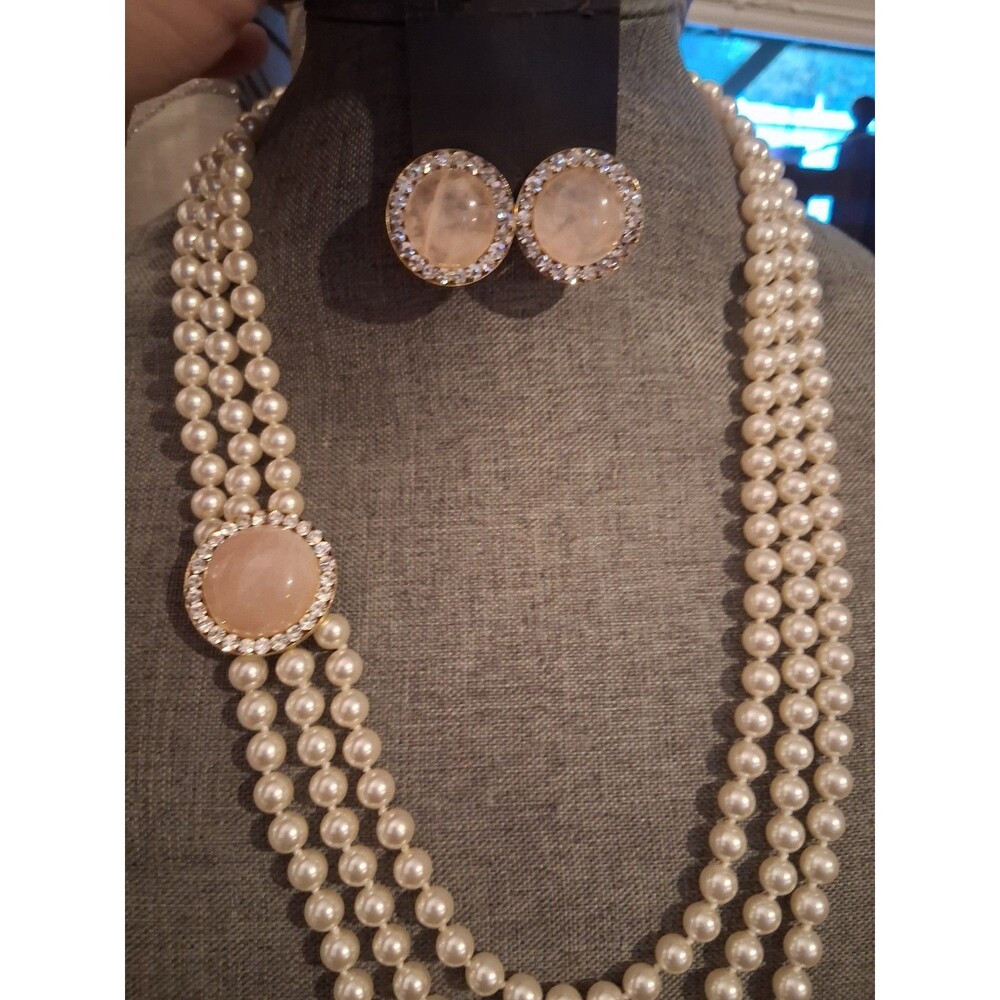 VTG multi strand glass pearl necklace w/rose quartz & crystal pendant, earrings